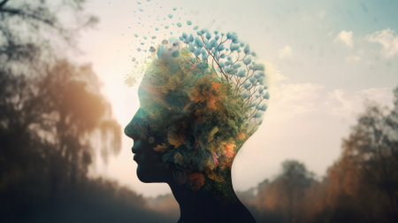 Double exposure of a woman's head with tree and leaves inside.の素材