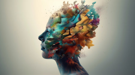 Double exposure of human head with colorful paint splashes. 3d renderingの素材