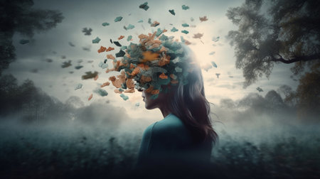 Beautiful young woman in the forest with a lot of paper wasteの素材