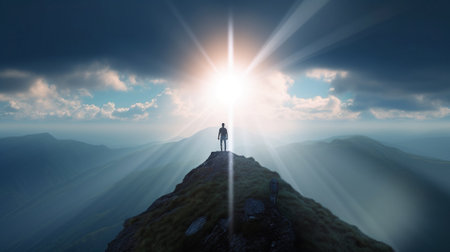 Man standing on top of a mountain and looking at the sun. spiritual connection praying for GOD conceptの素材