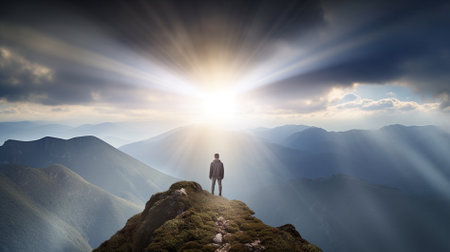 Man standing on the top of a mountain and looking at the sun spiritual connection praying for GOD conceptの素材