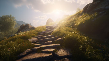 Staircase in the mountains at sunset. 3d render.の素材