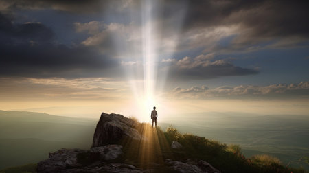 Man standing on top of a mountain and looking at the sun rays spiritual connection praying for GOD conceptの素材