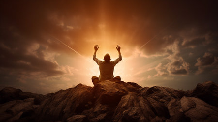 Silhouette of a man sitting on top of the mountain.spiritual connection praying for GOD conceptの素材