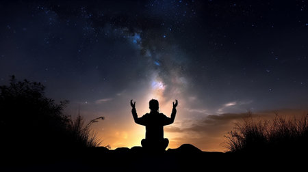 Man meditating in the starry sky with Milky Way background.  praying for GOD conceptの素材