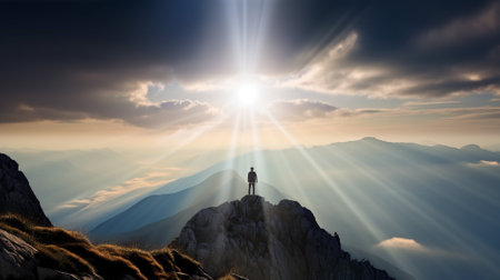 Man standing on top of a mountain with a sun shining through the clouds  praying for GOD conceptの素材