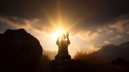Silhouette of woman with hands up in yoga pose on the mountain. praying for GOD conceptの素材
