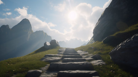 mountain path in the morning light. 3d rendering, 3d illustrationの素材