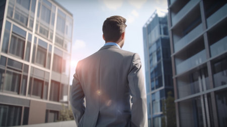 Businessman standing with his back against modern office building in sunny dayの素材