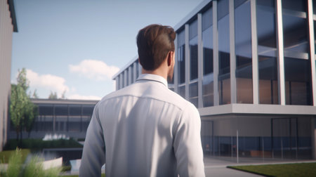 Rear view of young businessman standing in front of modern office buildingの素材