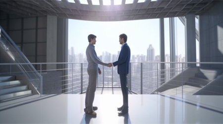 Businessmen shaking hands against panoramic view of modern office buildingの素材