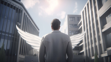 Businessman with wings against view of a modern building in the cityの素材
