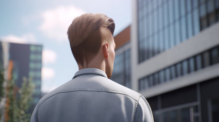 Young man in a jacket on the background of a modern office buildingの素材