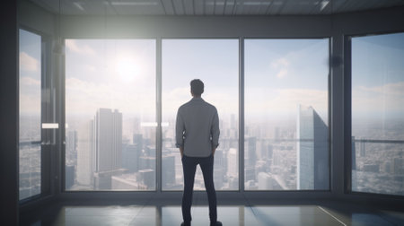 Businessman standing in office with panoramic window and city viewの素材
