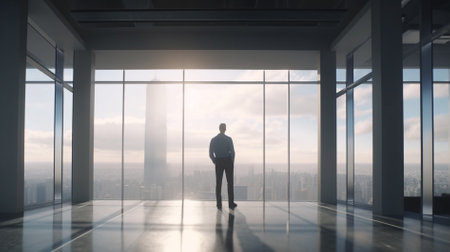 Businessman standing in modern office with panoramic window and city viewの素材