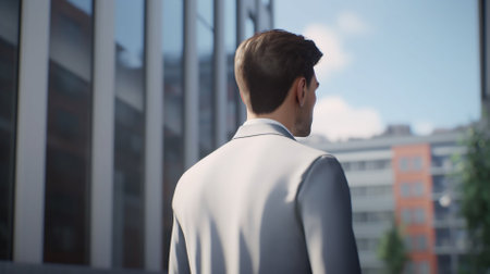Businessman in a white suit is standing near the office building.の素材