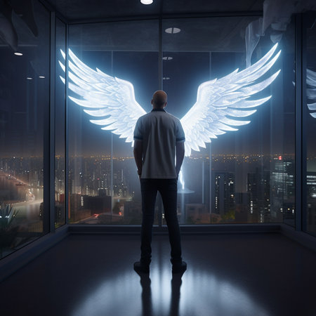 Businessman looking at angel wings on the window with city view.の素材