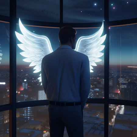 Businessman looking at angel wings on window with city view at nightの素材