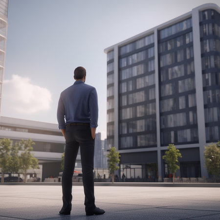 Rear view of young businessman standing in front of modern office buildingの素材