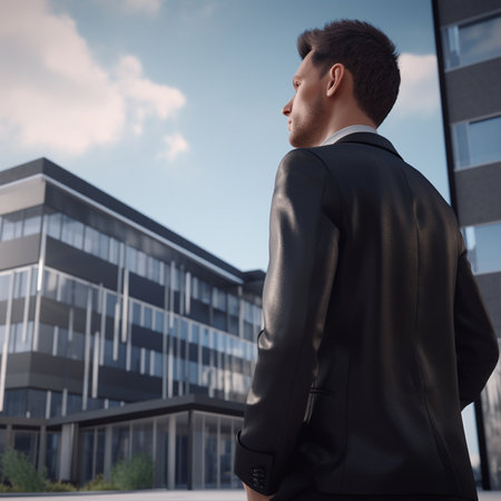 Portrait of a handsome young man in a black suit on the background of a modern office buildingの素材