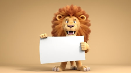 Cartoon lion holding a blank sheet of paper - 3D Illustrationの素材