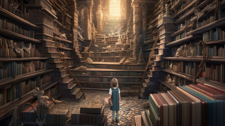 Little girl in the library looking at the books. 3D renderingの素材
