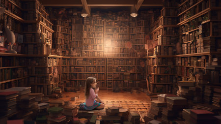 Little girl sitting on the floor in front of a bookshelfの素材