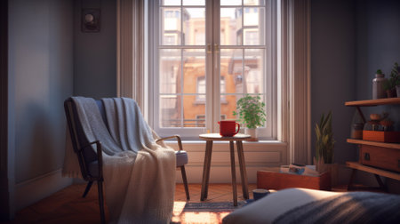 Cozy living room with armchair, coffee table and window.の素材