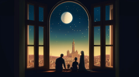 Silhouette of a man and a woman on the background of the mosque.の素材