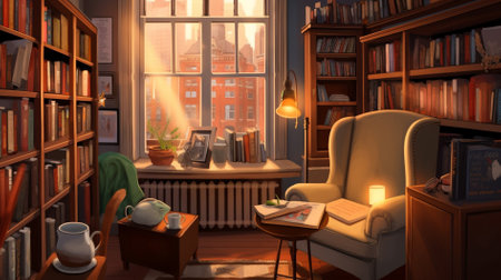 3D rendering of a bookcase with books and a chair.の素材