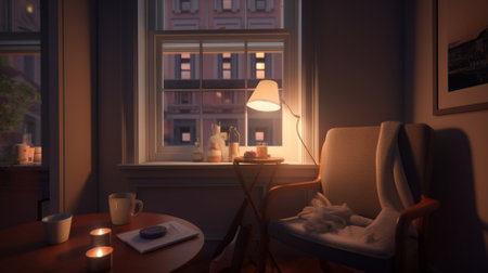 Night interior with a window and a chair, 3d render.の素材