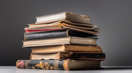 Pile of old books on grey background. Back to school conceptの素材