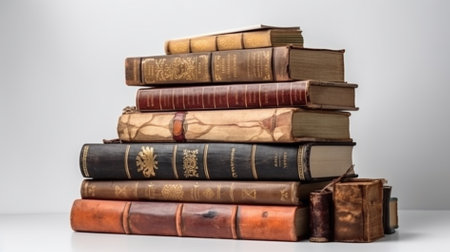 Stack of old books on white background. Education concept. Copy space.の素材