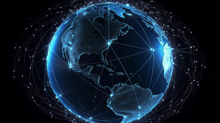 Global network connection around the planet Earth 3D rendering on black backgroundの素材