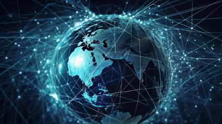 Global network connection over planet Earth. 3d rendering toned imageの素材