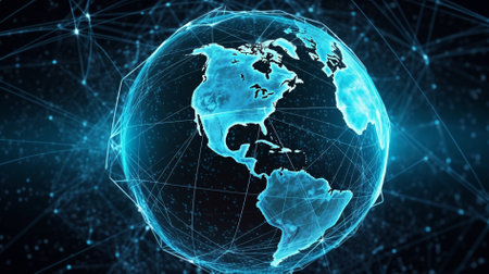 Global network connection over world map 3D rendering on dark blue backgroundの素材