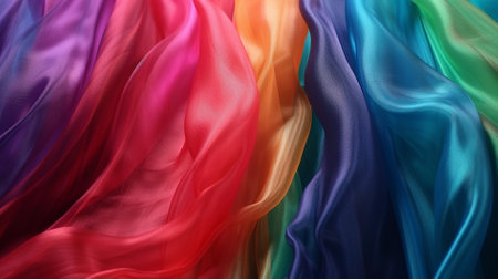 abstract background of multicolored silk fabric close-up.の素材