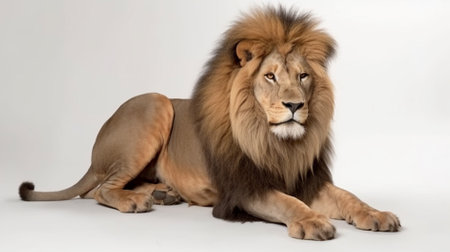 Lion in front of a white background, lion is a large carnivorous animalの素材