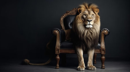 Lion sitting on a vintage armchair on a black background.の素材