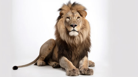 Male lion sitting and looking at camera on white background, side viewの素材