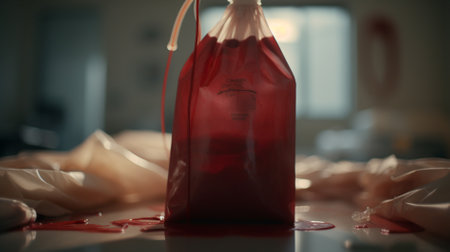 Blood donation concept. Blood bag on the table in a hospital.の素材