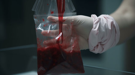 Close-up of a hand in a medical glove holding a plastic bag with bloodの素材