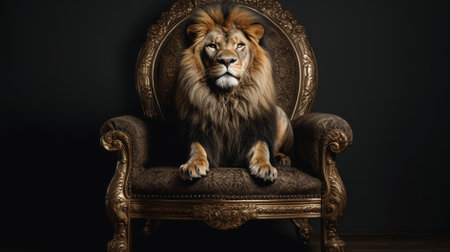 Lion sitting on an antique armchair on a black background.の素材
