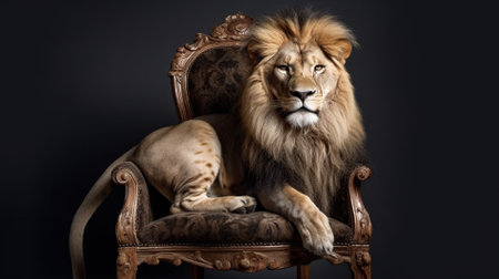 Studio shot of a male lion sitting on an old armchair.の素材