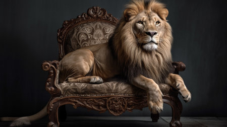 Lion sitting on an antique armchair in front of a dark backgroundの素材