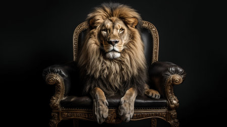Lion on a chair on a black background in a photo studioの素材