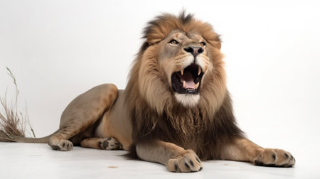 Lion on a white background. The lion lies and yawns.の素材