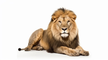 Male lion lying on white background. Side view. Isolated image.の素材