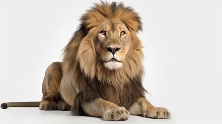 Portrait of a male lion isolated on a white studio background.の素材