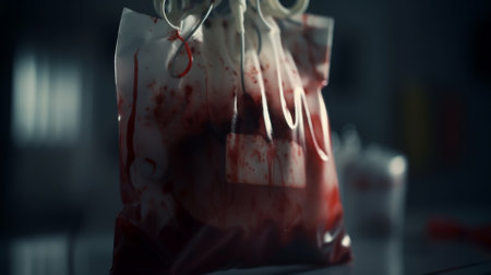 Blood donation bag. Blood transfusion in hospital. Blood donation concept.の素材